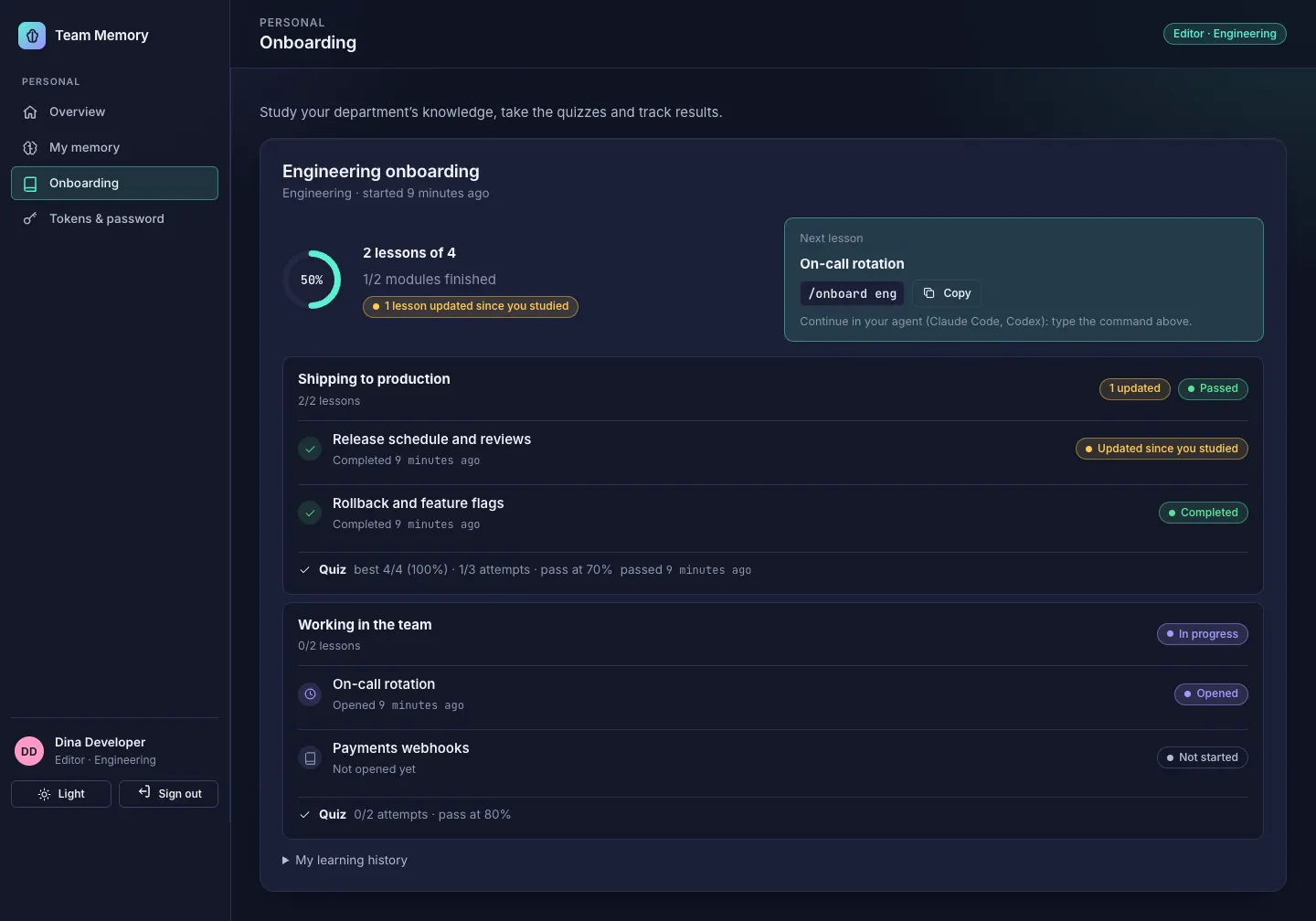Onboarding section, My courses tab, dark theme, for an editor in Engineering: a course card at 50 % (2 of 4 lessons) with a note that one lesson changed since it was studied; a Next lesson box with the command /onboard eng and a Copy button; the module Shipping to production, passed, with both lessons completed and a quiz result of 4 of 4; and the module Working in the team, in progress, with one lesson opened and one not started.