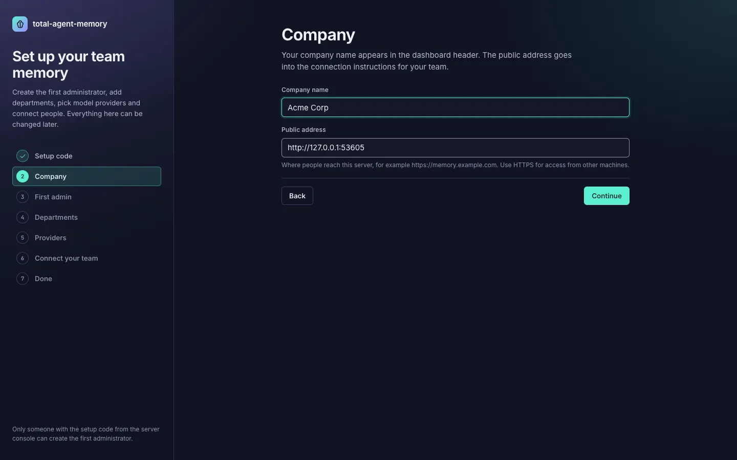 Web setup wizard, dark theme, at step 2 of 7, Company: fields for the company name (Acme Corp) and the public address, with Back and Continue buttons. The left column lists the seven steps with Setup code already completed.