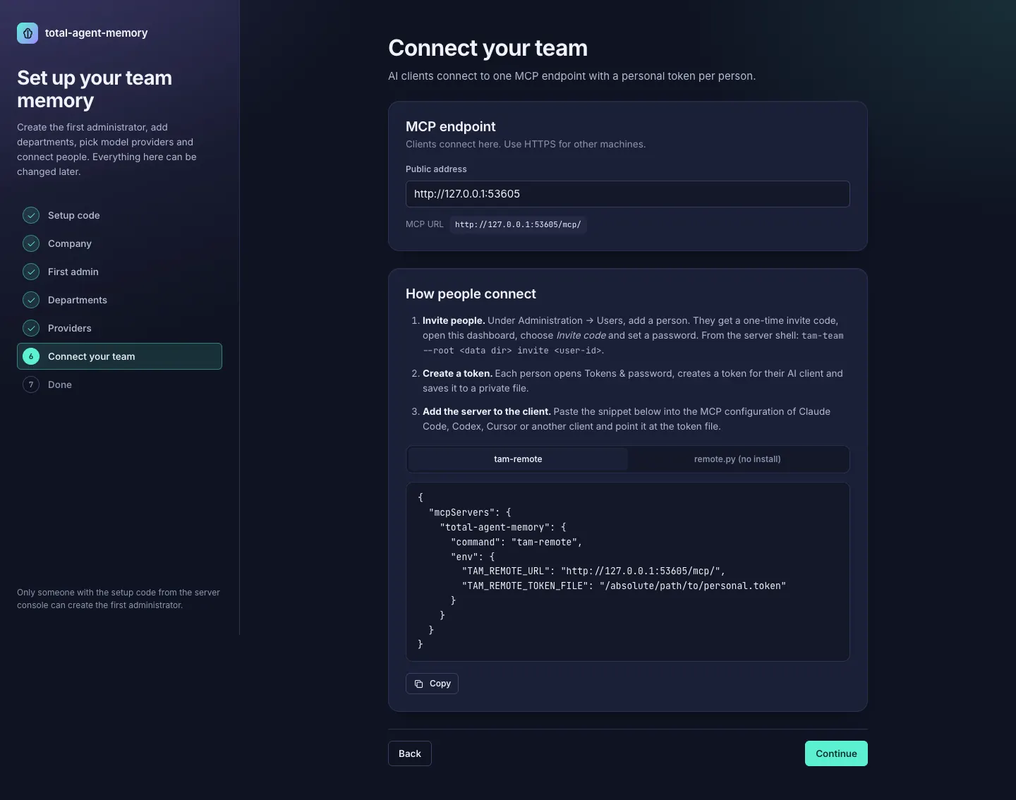 Web setup wizard, dark theme, at step 6 of 7, Connect your team: the public address and the resulting MCP URL ending in /mcp/, three numbered instructions (invite people, create a token, add the server to the client), and a JSON mcpServers snippet for tam-remote with a Copy button and a tab for remote.py.